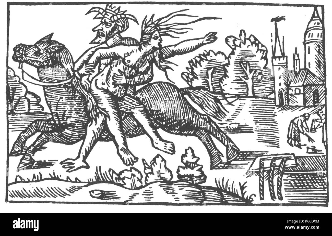 OLAUS MAGNUS (1490-1557) Swedish Catholic writer. Woodcut from his 1555 book Historia de Gentibus Septentrionalibus (History of the Northern Peoples) showing a woman being carried off by the Devil Stock Photo