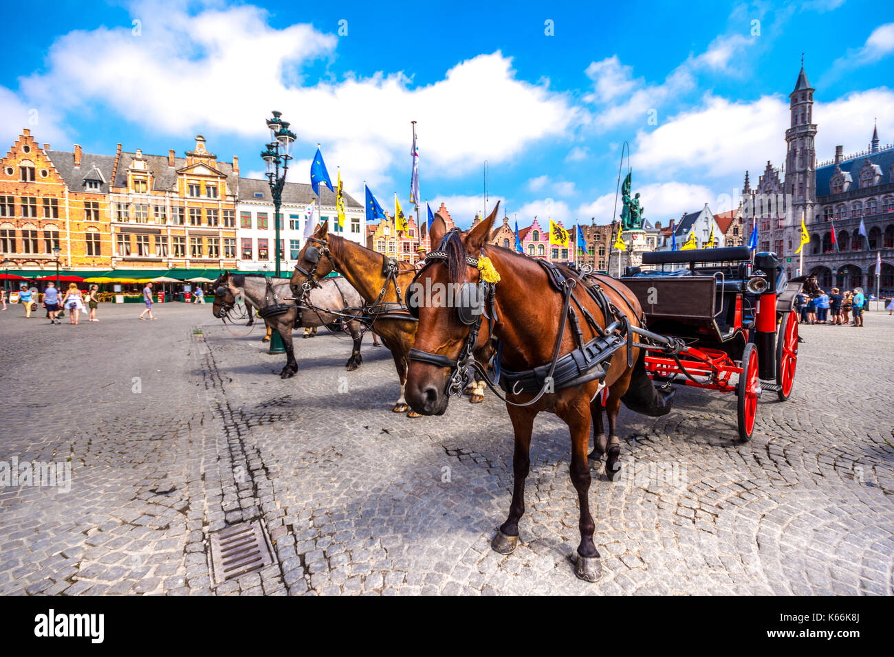 Grote Markt square in medieval city Brugge at morning, Belgium. Stock Photo