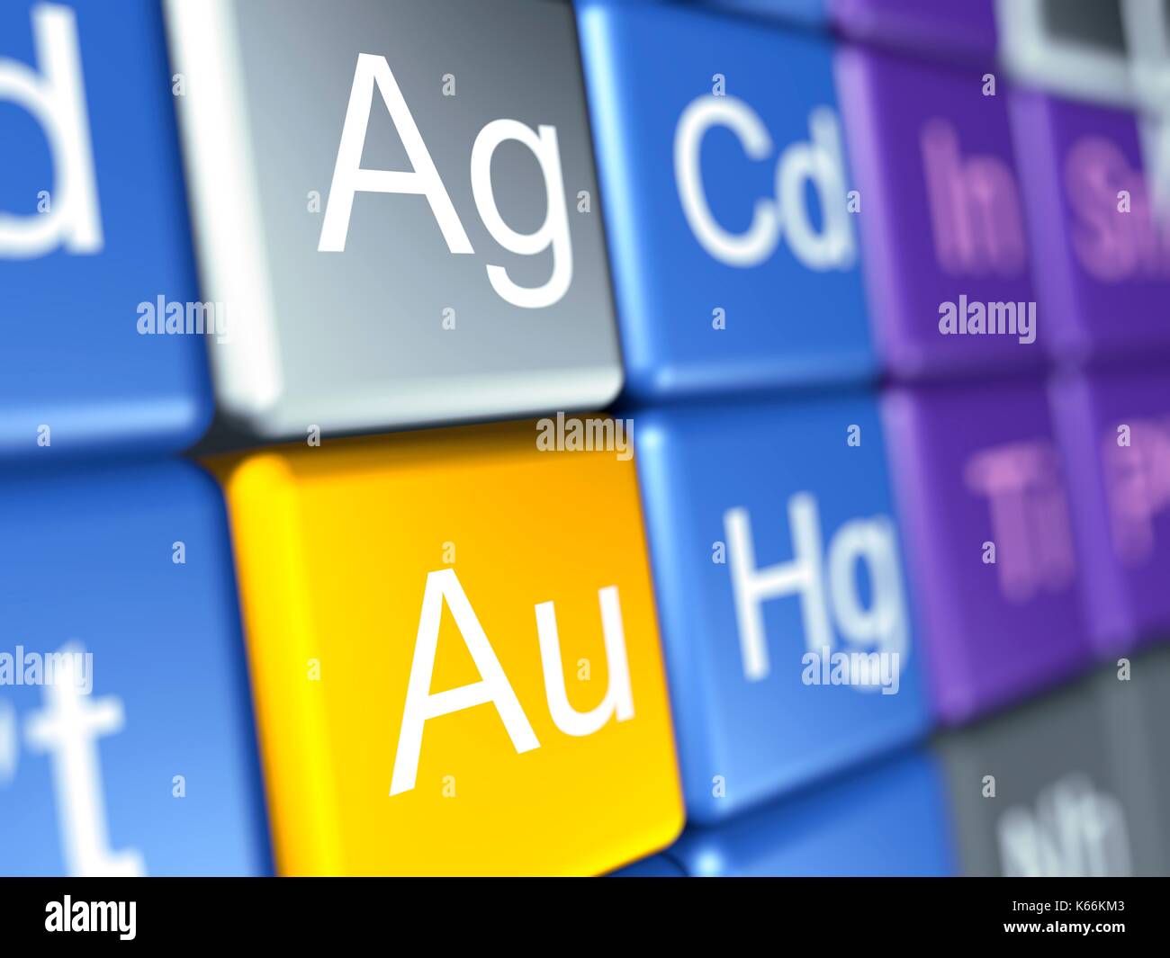 Computer artwork of a close-up of the periodic table focussed on the chemical elements silver (Ag=Argentum) and gold (Au=Aurum). Stock Photo