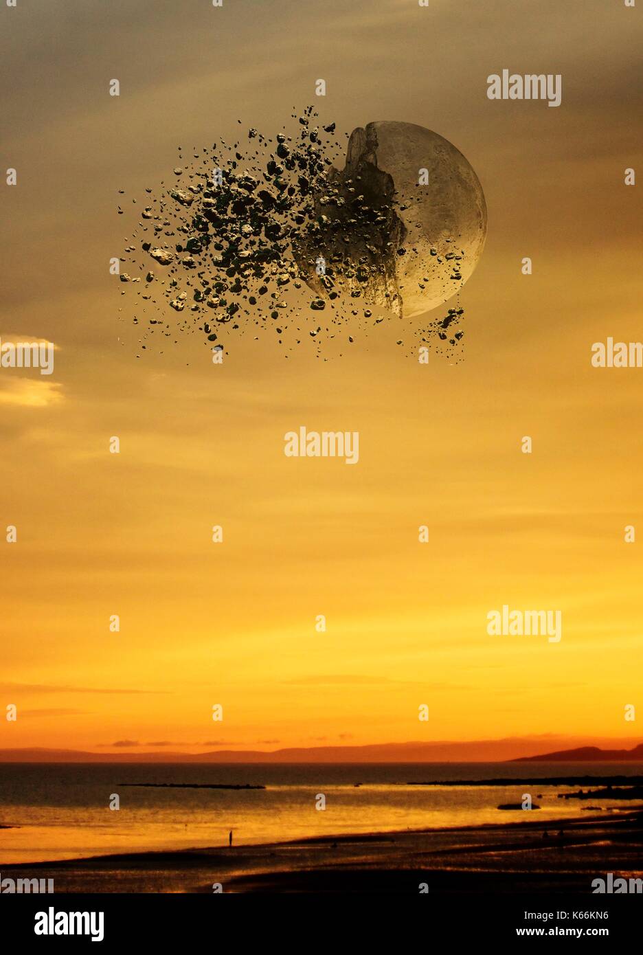 Illustration of the Moon after it has been hit by an asteroid. Stock Photo