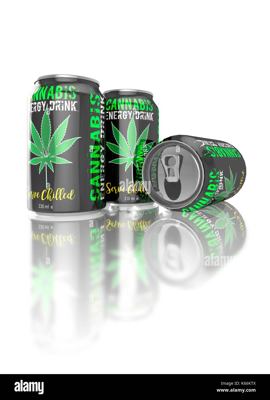 Cannabis energy drinks cans, illustration. Stock Photo