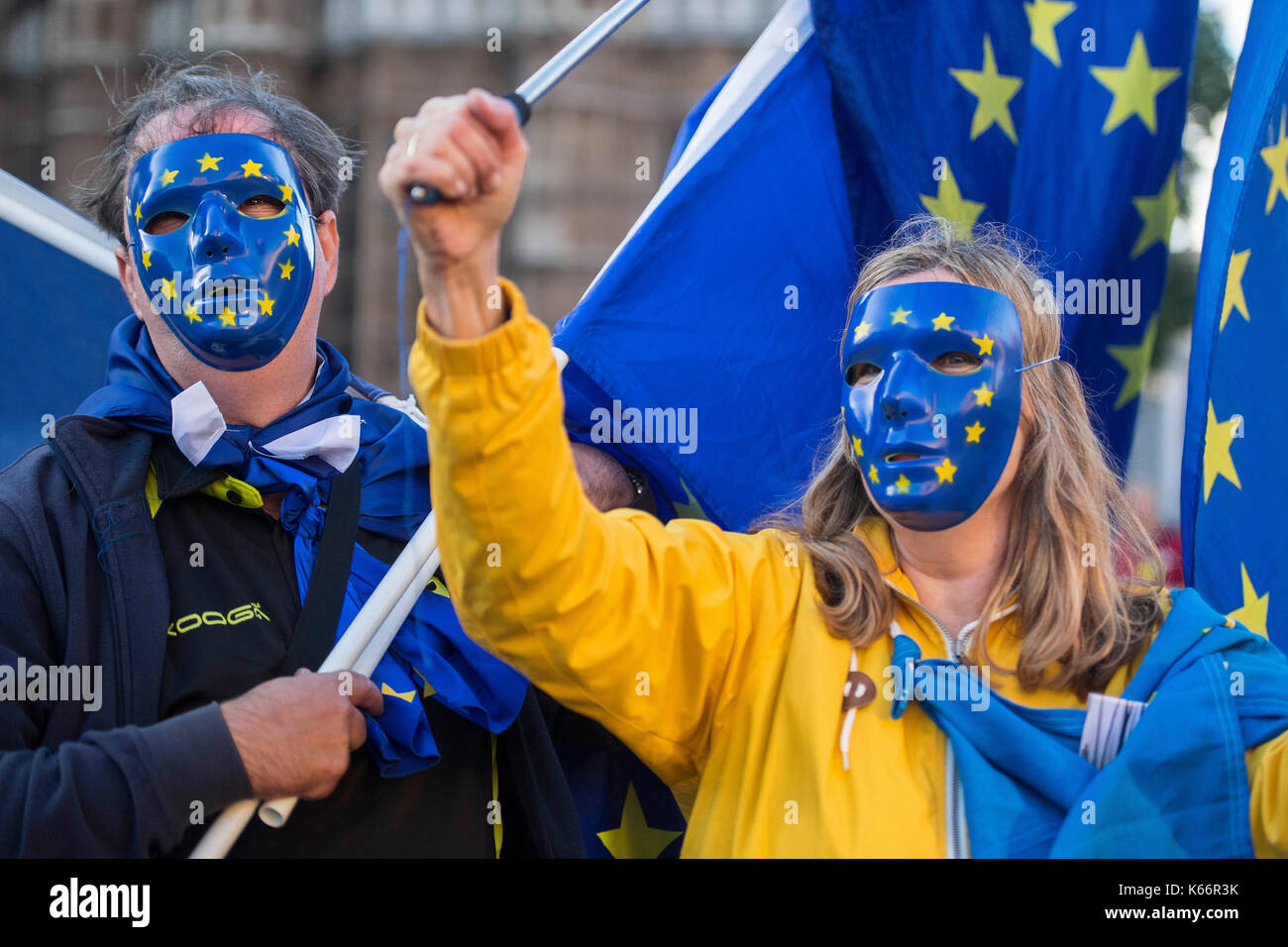 Pro-European Union and anti-Brexit demonstrators protest outside the Houses of Parliament in central London, as the Commons debate on the European Union (Withdrawal) Bill takes place. Stock Photo