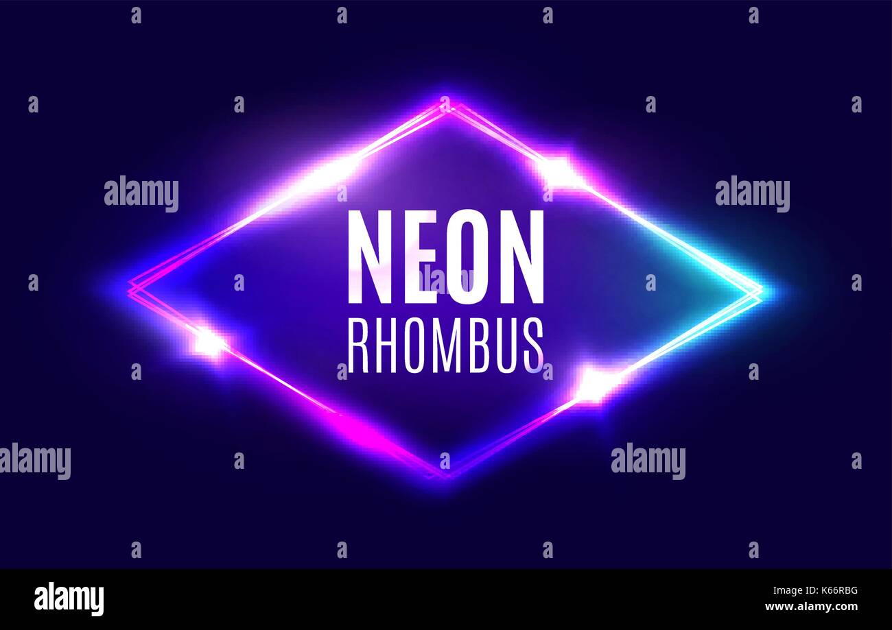 Night Club Neon Rhomb. 3d Retro Light Lozenge Sign With Neon Effect. Techno Rhombus Background. Glowing Brill Frame On Dark Blue Backdrop. Electric Street Diamond. Vector Illustration in 80s Style. Stock Vector