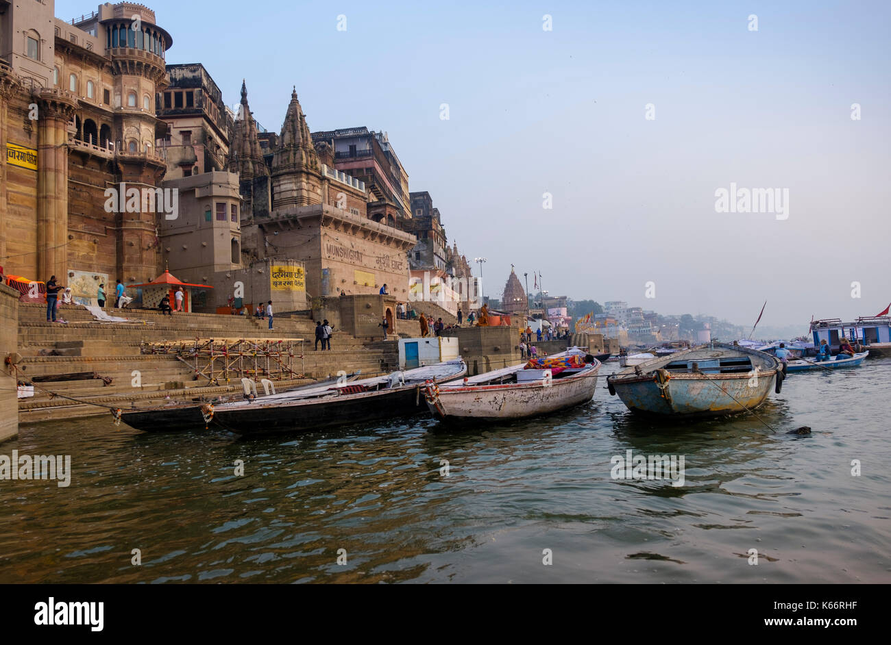 VARANASI, INDIA - CIRCA NOVEMBER 2016: Ghat in the Ganges river early morning. The city of Varanasi is the spiritual capital of India, it is the holie Stock Photo