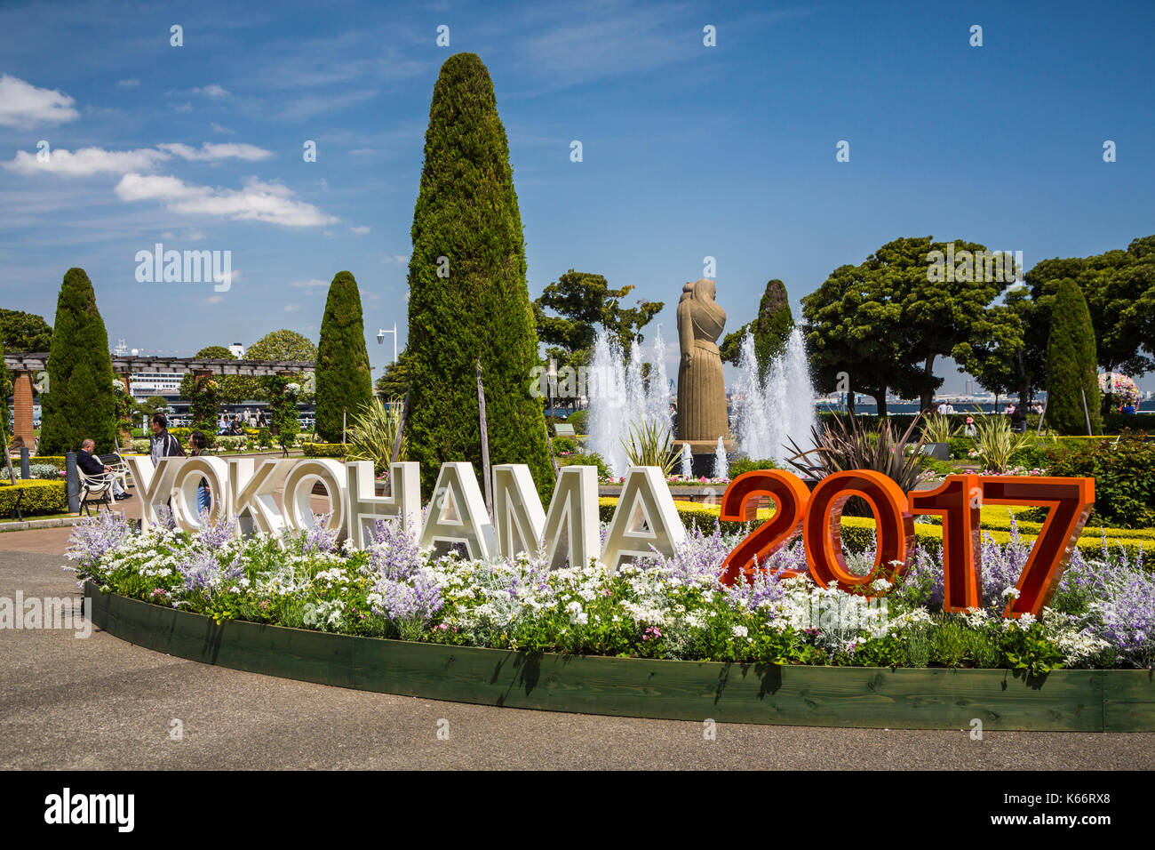 Flower gardens at Yamashita Park and the waterfront at the port city of