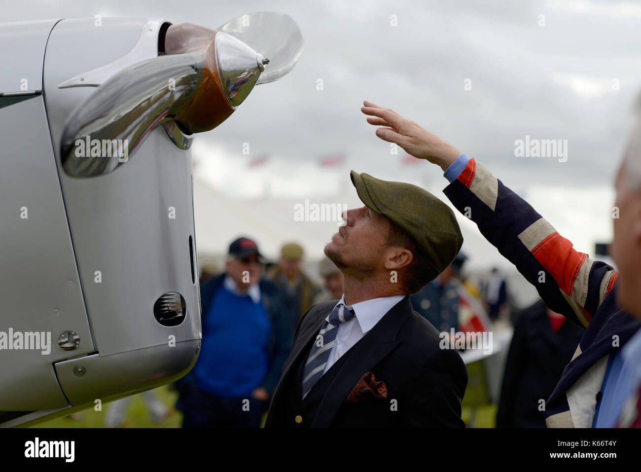 Felix Baumgartner judging the aircraft in the Goodwood Revival Freddie March Spirit of Aviation concourse d'Elegance Stock Photo