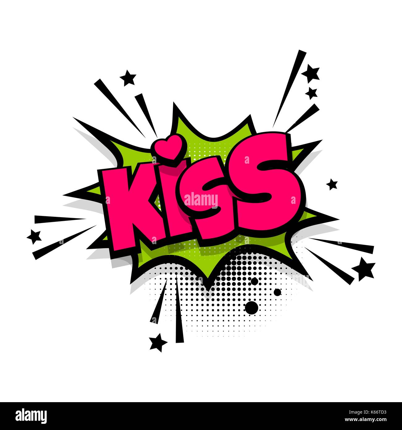 Kiss, love, heart, romantic lettering. Comics book balloon. Bubble icon speech phrase. Cartoon font label tag expression. Comic text sound effects. So Stock Vector