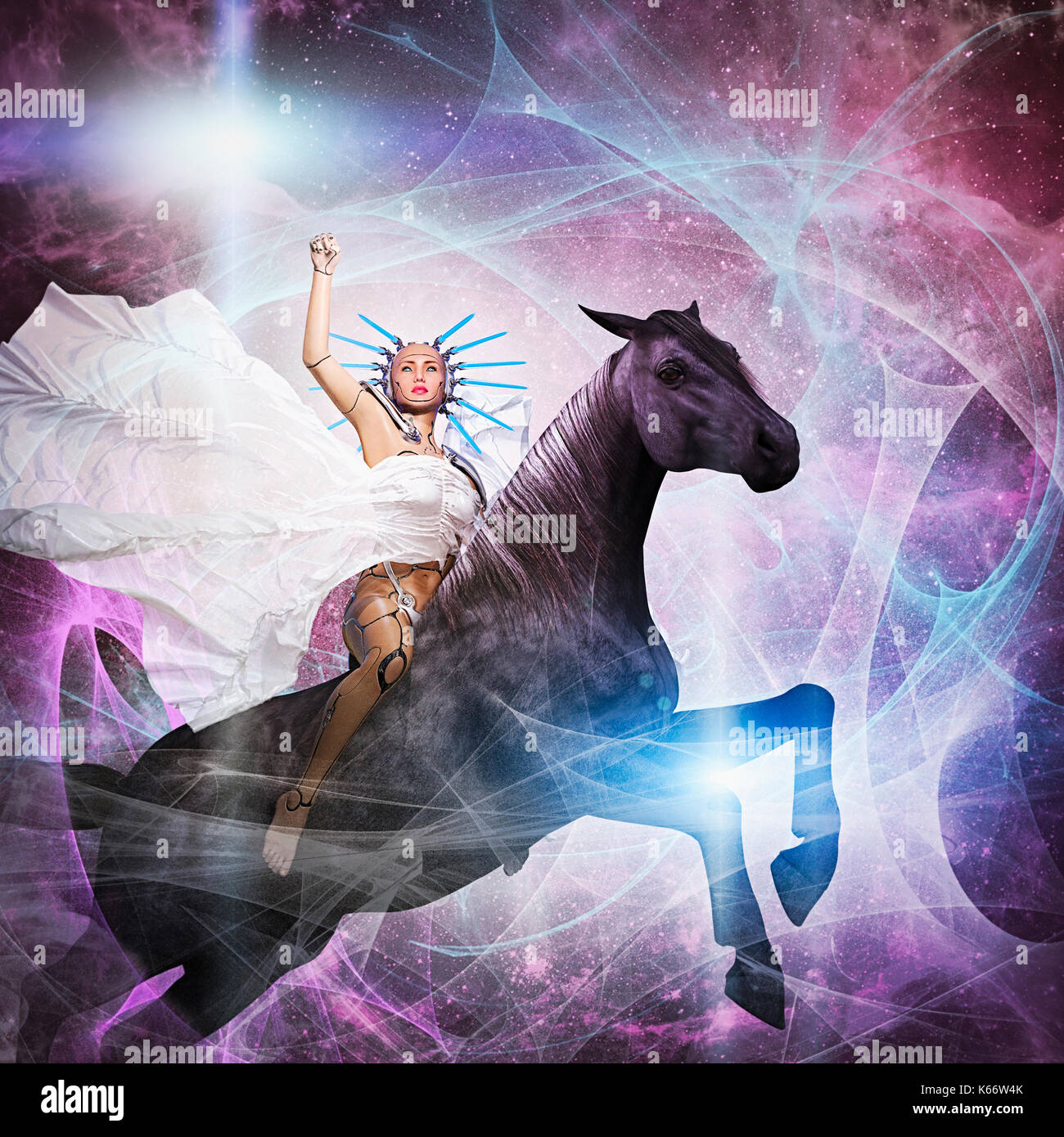 Cyborg woman riding horse in cyberspace Stock Photo