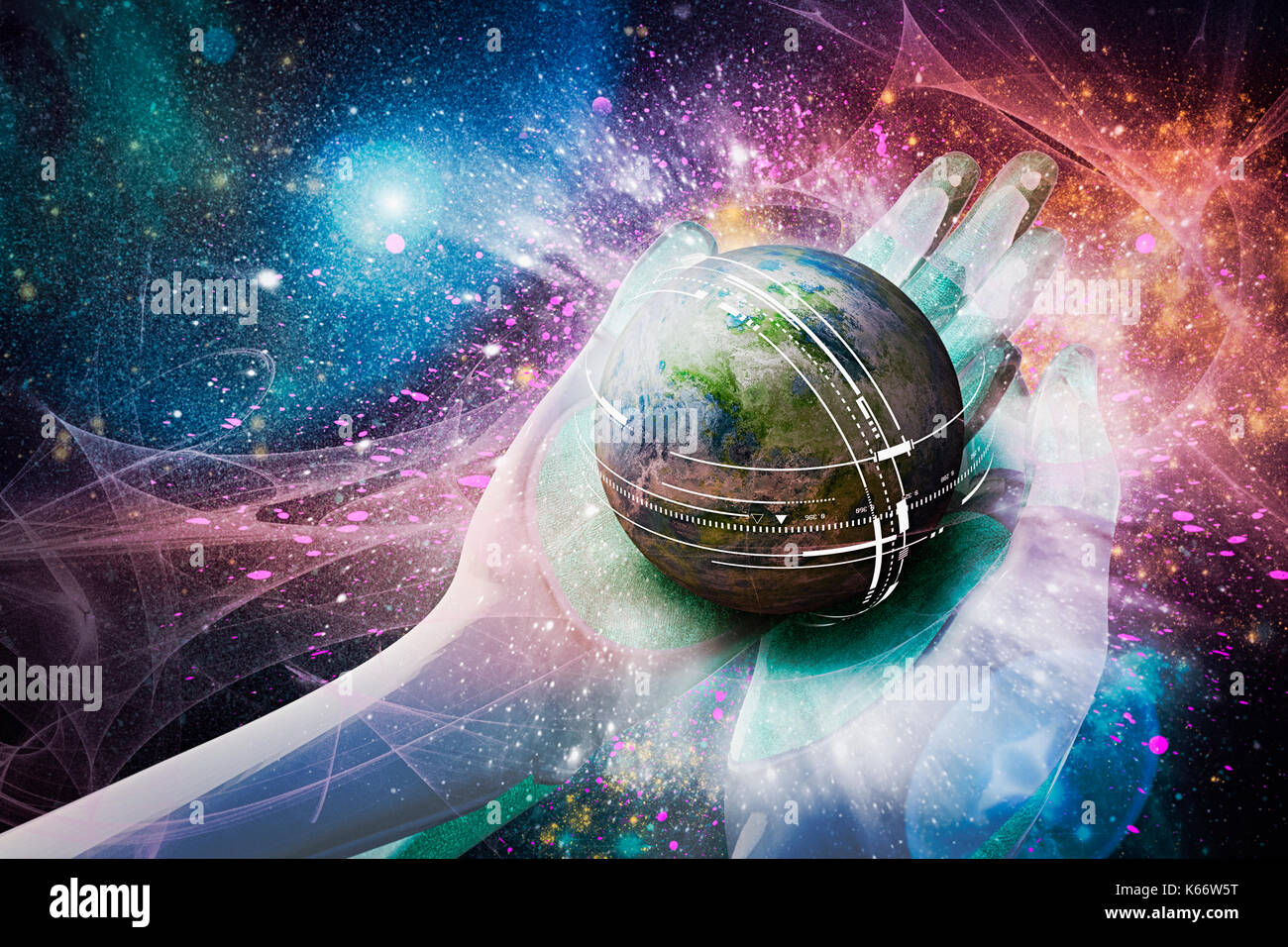 Hands of deity cupping globe Stock Photo