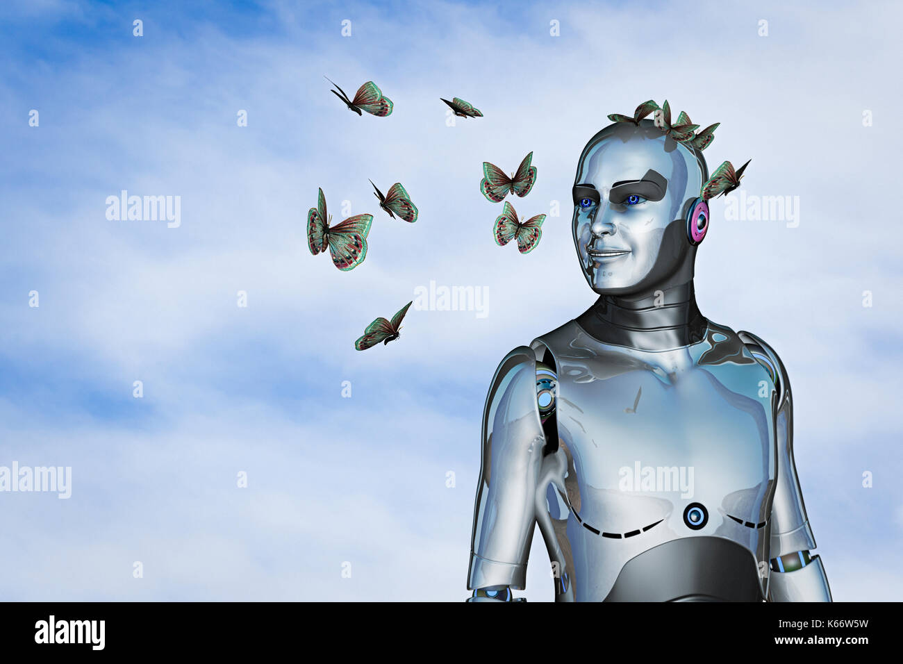 Smiling robot watching butterflies Stock Photo