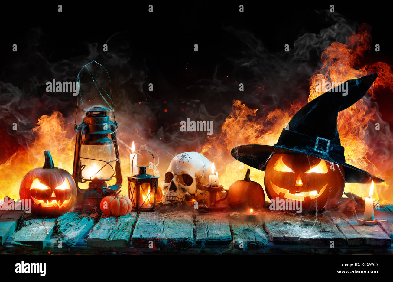 Halloween In Flame - Burning Pumpkins On Wooden Stock Photo - Alamy