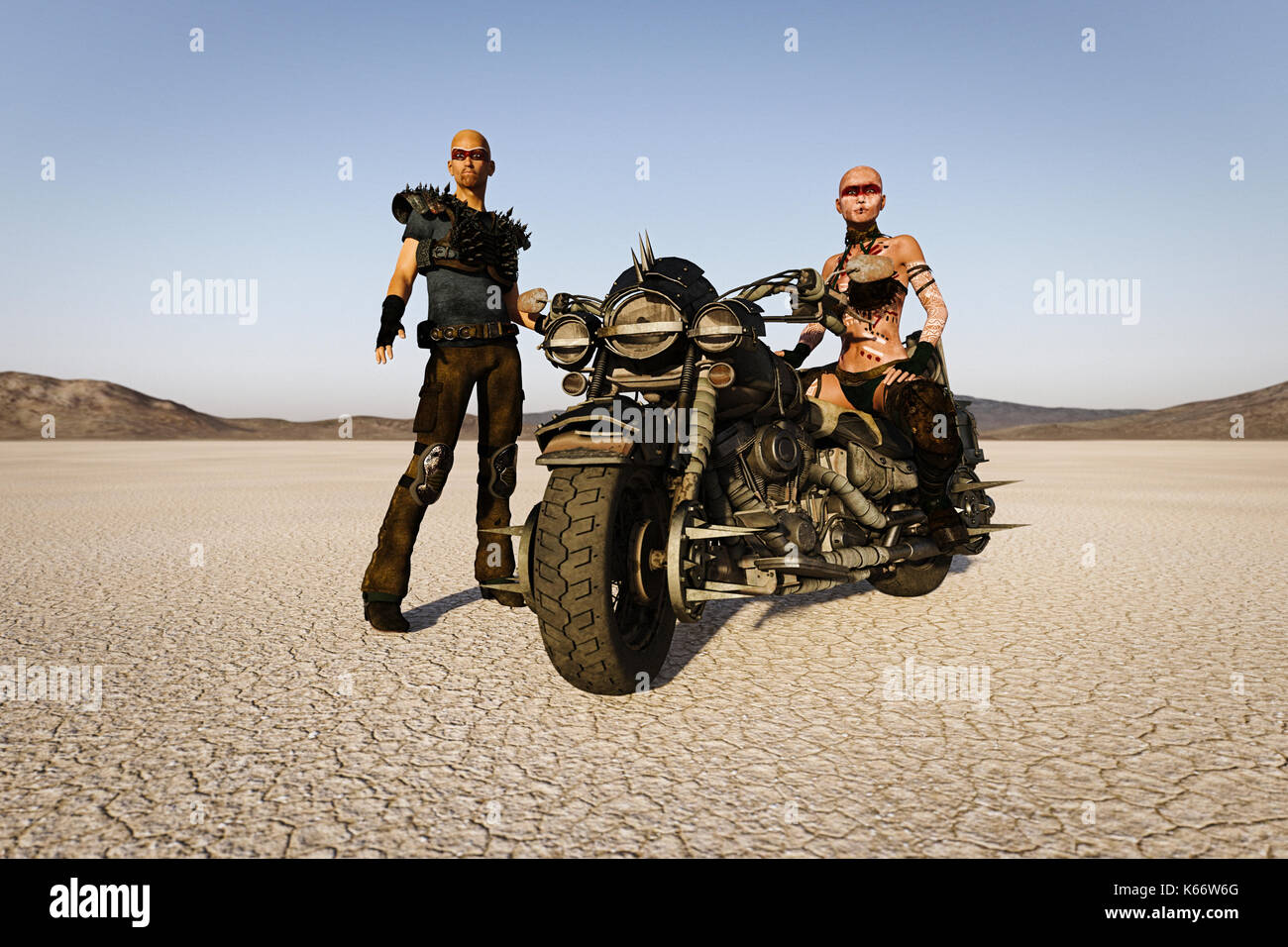 Futuristic road warriors on motorcycle in desert Stock Photo Alamy