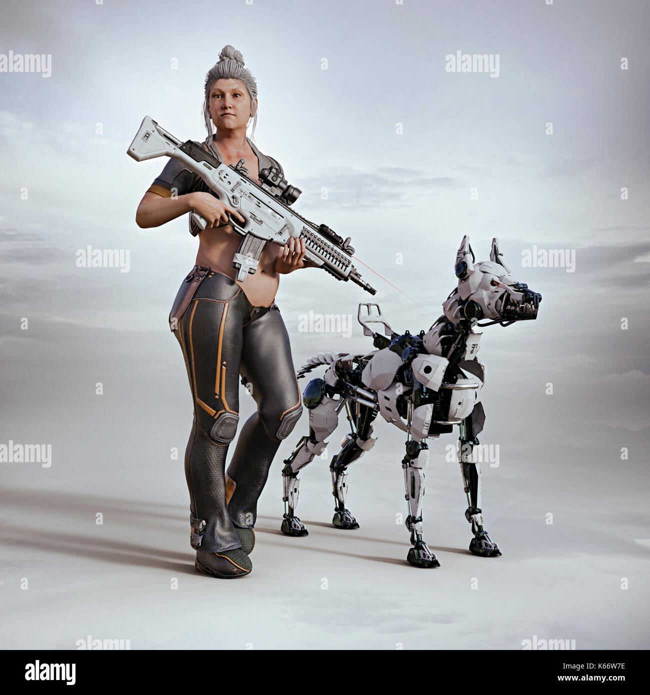 Futuristic woman carrying rifle with a robot dog Stock Photo - Alamy