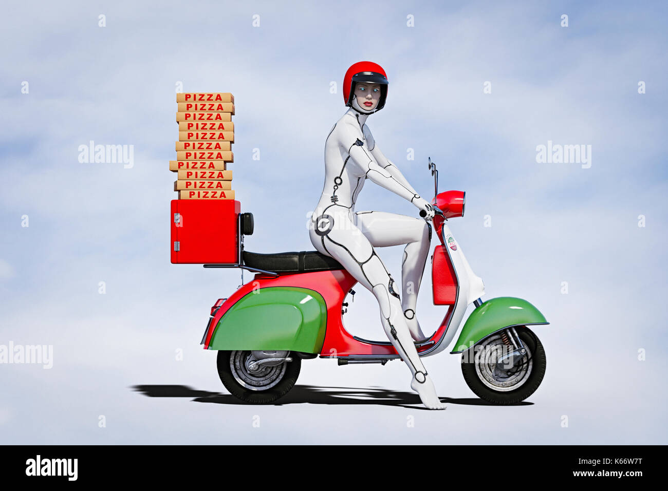 Cyborg woman delivering pizza on motor scooter Stock Photo