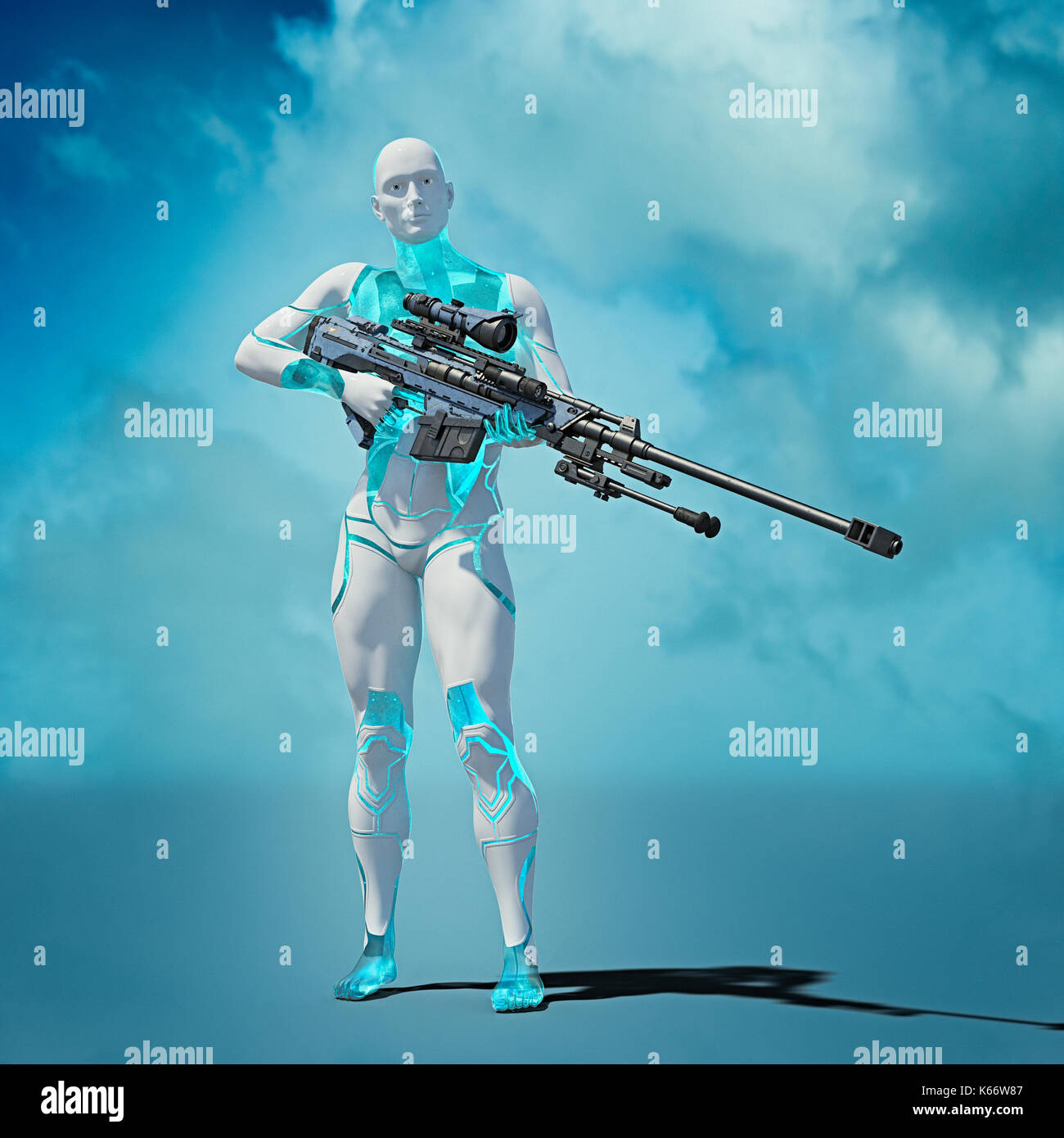 Cyborg man carrying futuristic rifle Stock Photo