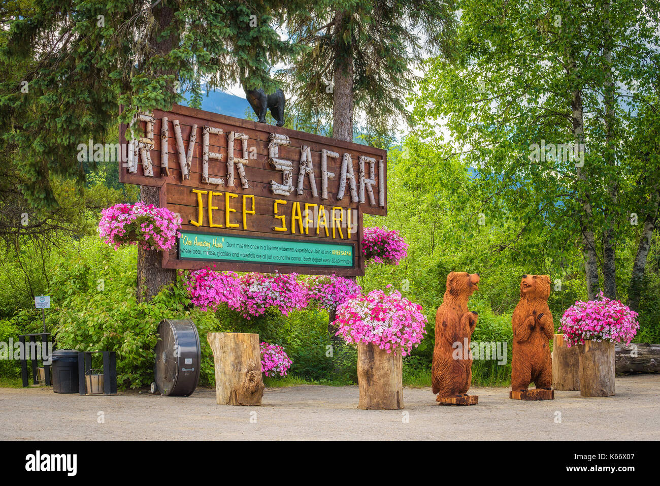 Entry sign to Blue River Safari Tours in canadian Rocky Mountains. Stock Photo