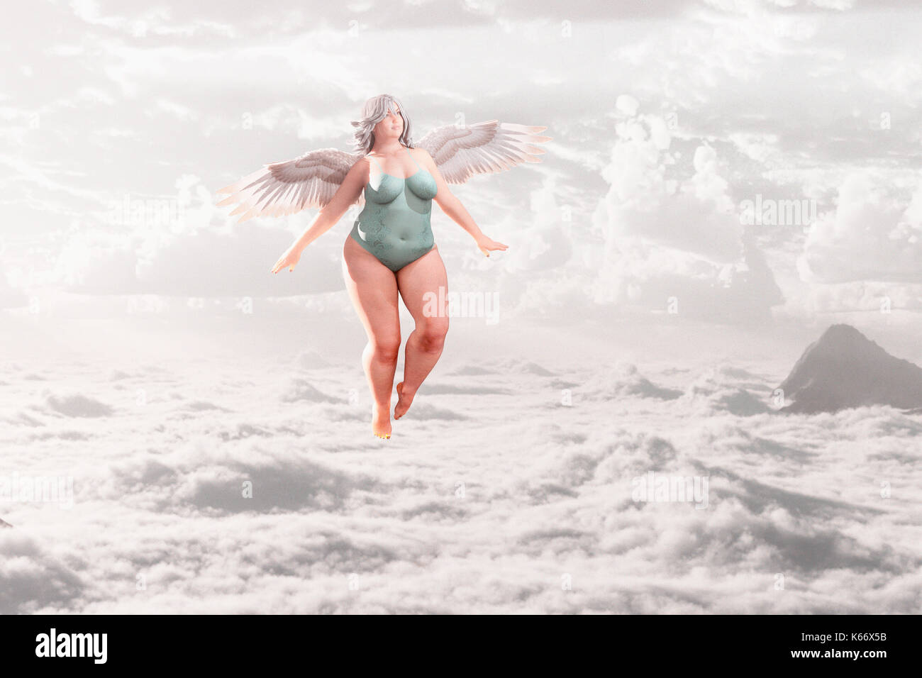 Overweight angel flying in clouds Stock Photo
