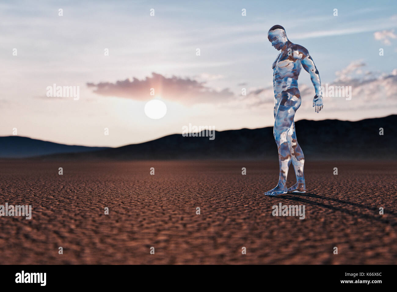 Transparent man walking in desert Stock Photo