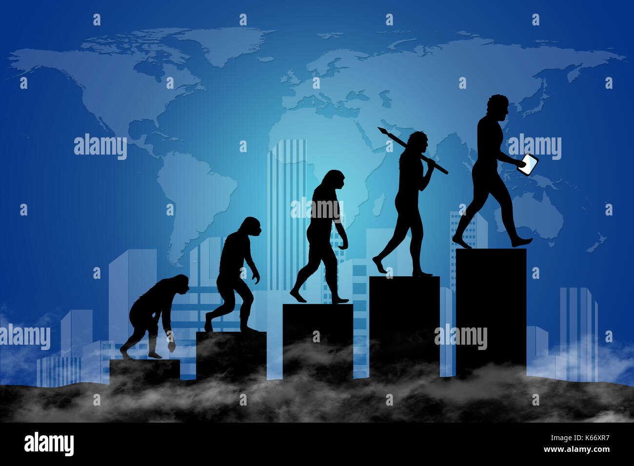 Human evolution into a modern world of digital technology. City-scape and world map in the background. Stock Photo