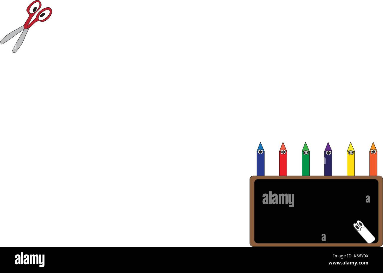 Illustrated chalkboard with chalk and colorful crayons and scissors on