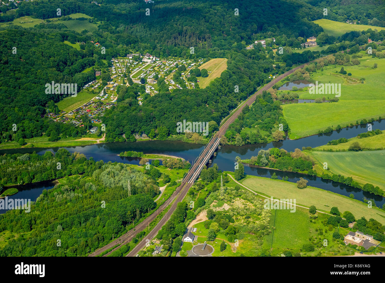Ruhr valley, mouth Ruhr and Lenne in Hengsteysee, rivers, Hagen, Ruhr area, North Rhine-Westphalia, Germany, Europe, Hagen, Hagen center, aerial view, Stock Photo