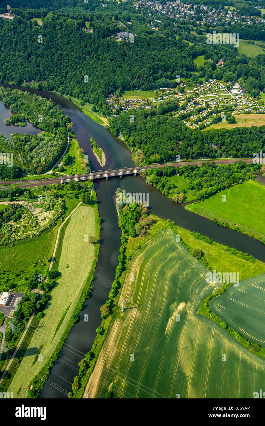 Ruhr valley, mouth Ruhr and Lenne in Hengsteysee, rivers, Hagen, Ruhr area, North Rhine-Westphalia, Germany, Europe, Hagen, Hagen center, aerial view, Stock Photo
