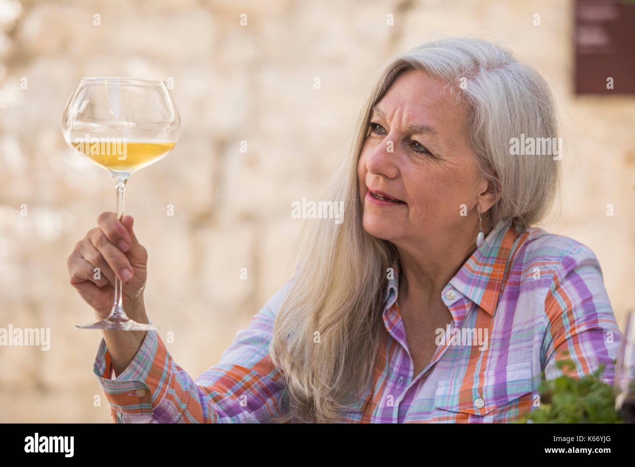 Older Caucasian woman examining white wine Stock Photo
