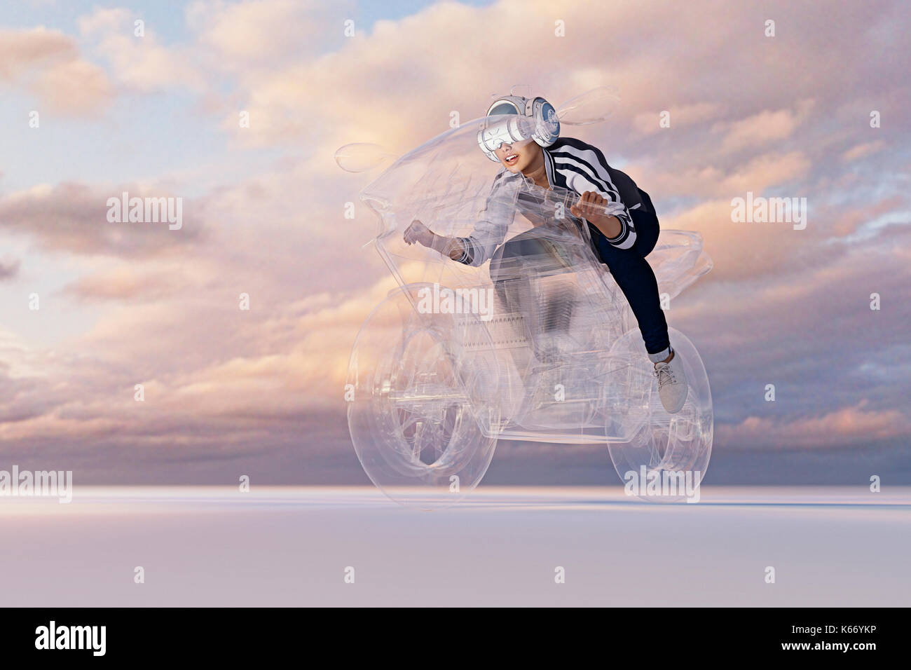 Woman wearing virtual reality helmet riding motorcycle Stock Photo