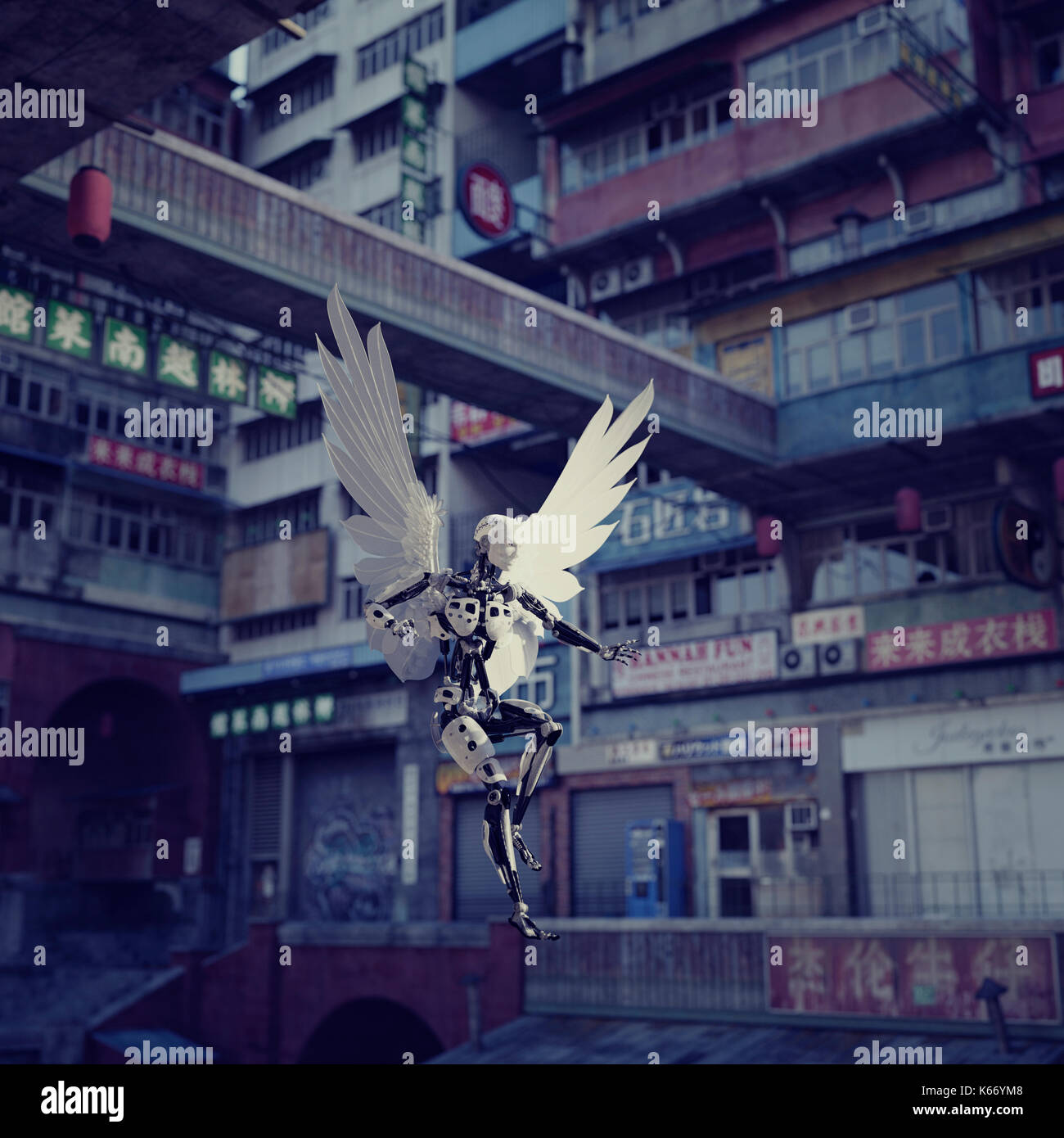 Robot angel in futuristic city Stock Photo