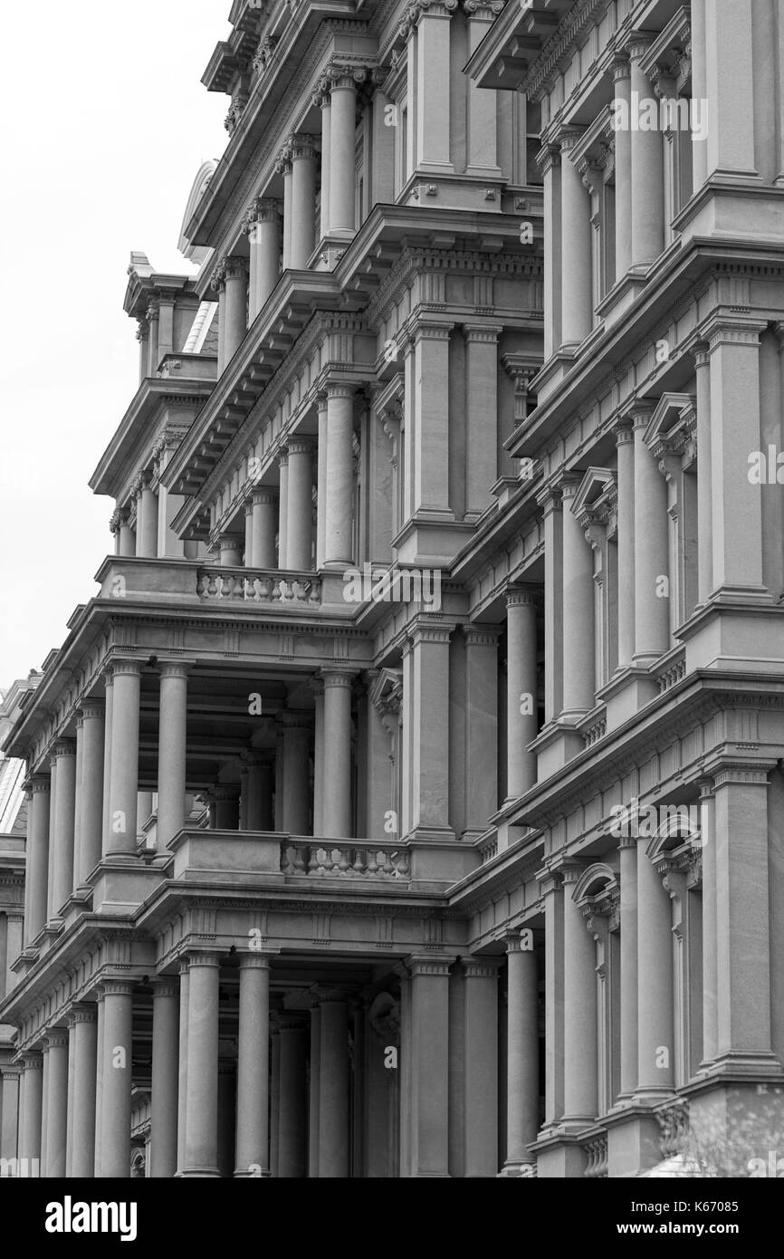 Black and White of a many columned building in Washington, DC. Stock Photo
