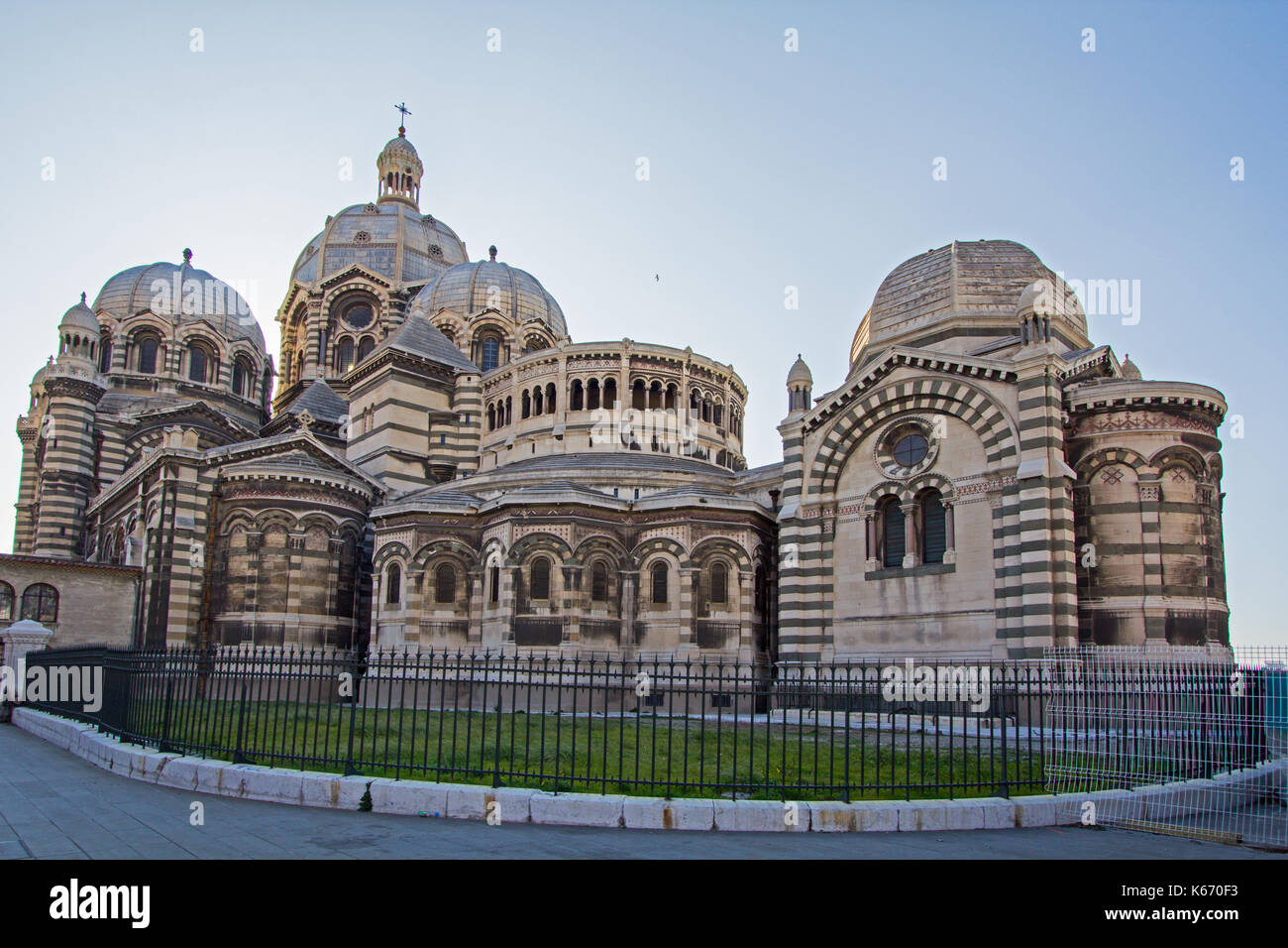 Cathedrale de la Major in Marseille, France taken with a wide angle lens from the back. Distinctive striping. Stock Photo