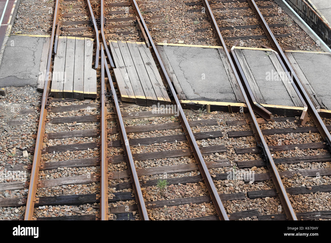 railroad crossing, line of track crossing, top view Stock Photo