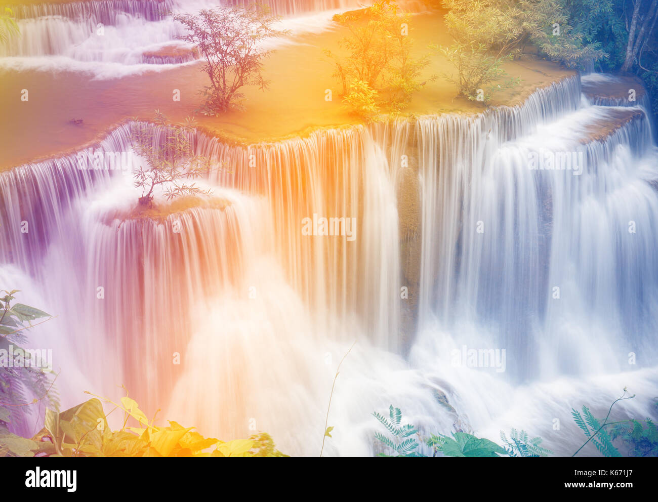Landscape of Waterfall (Huai Mae Kamin) in Kanchanaburi,Thailand,made pastel filter style Stock Photo