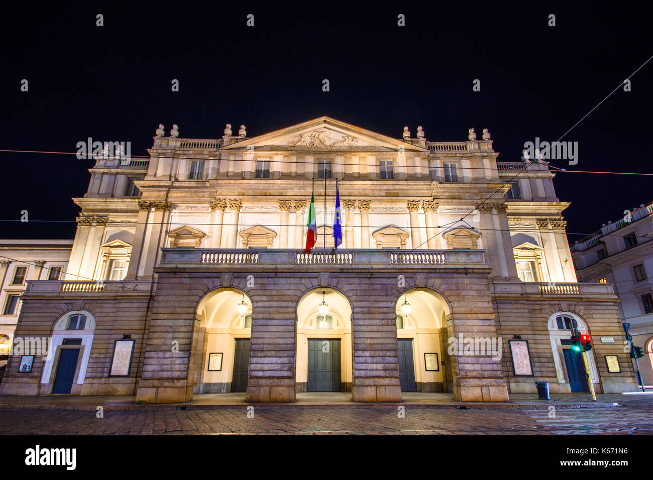 The theater Scala  of Milan, Italy. La Scala (Italian: Teatro alla Scala), is a world renowned opera house in Milano, Italy. Stock Photo