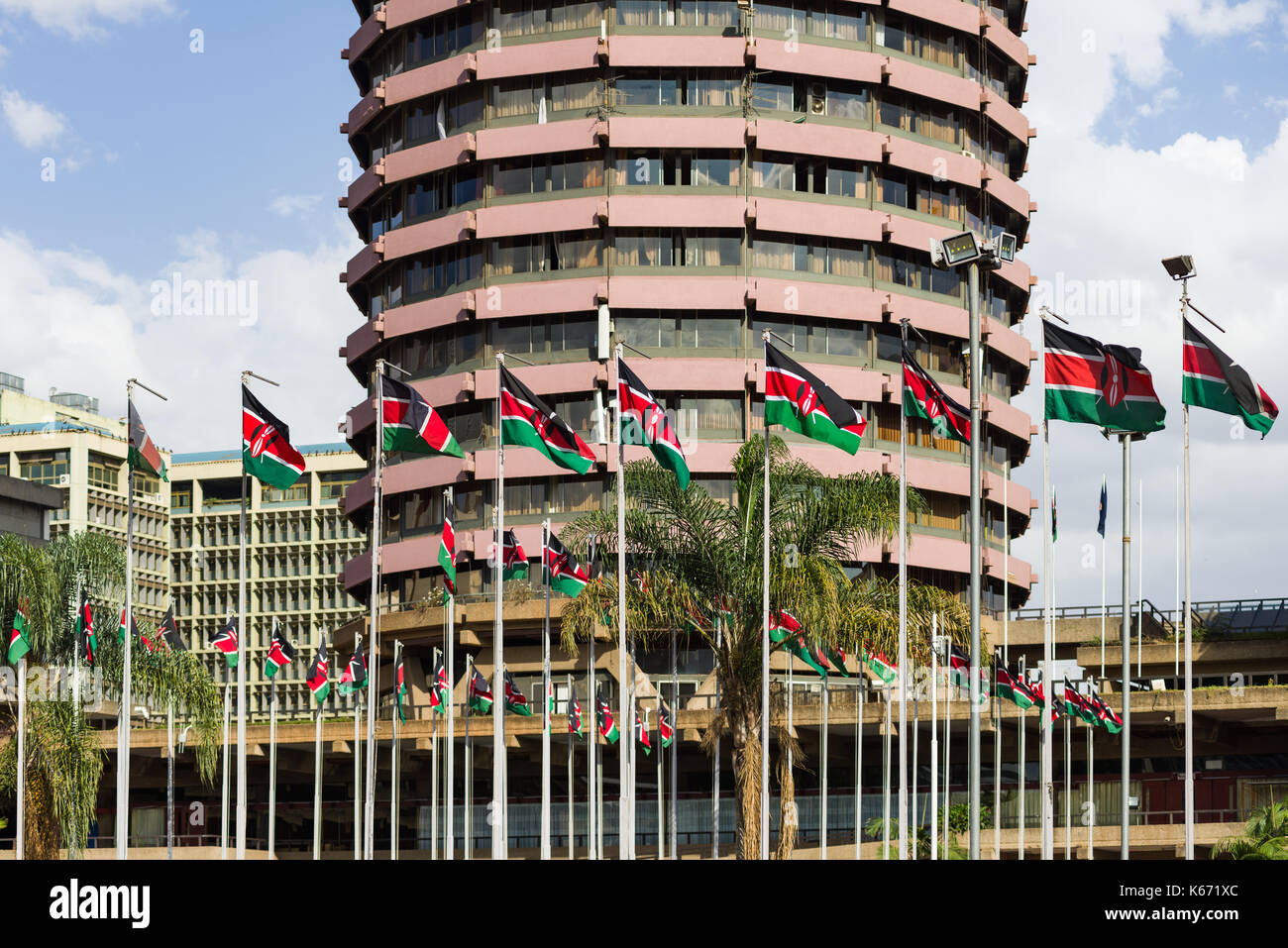 Kenyatta International Convention Centre KICC Exterior with Kenyan flags, Nairobi, Kenya Stock Photo