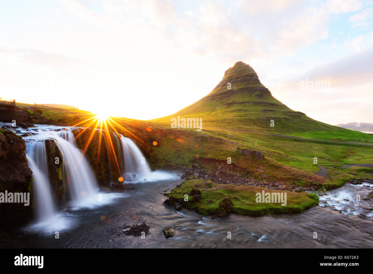 Colorful sunrise on Kirkjufellsfoss waterfall Stock Photo