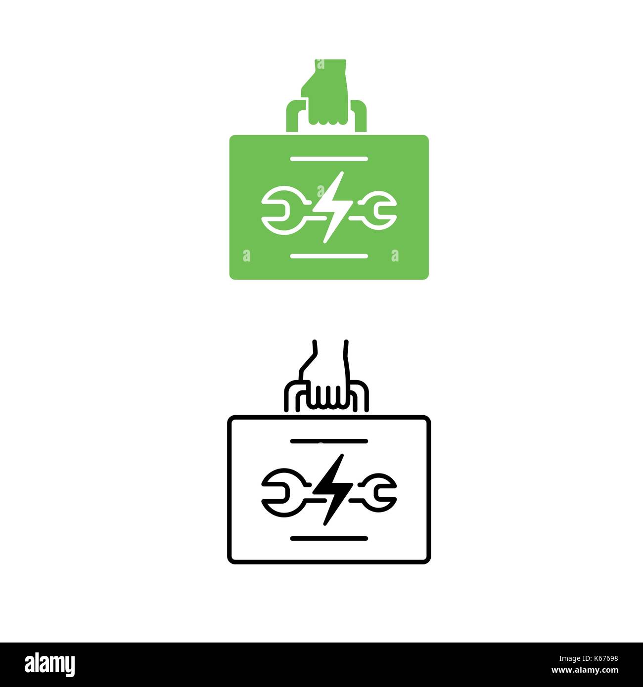 Electric car technician support icon. Technician hand holding tool bag. Eco friendly auto or electric vehicle concept. Vector illustration. Stock Vector