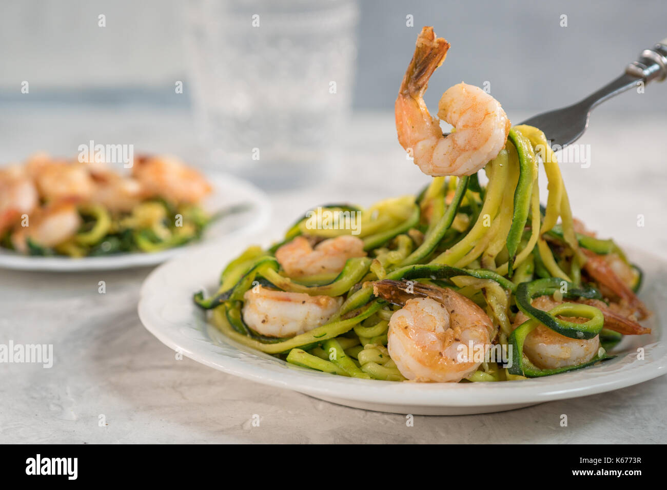 Skinny Shrimp Scampi with Zucchini Noodles. Low carb meal Stock Photo