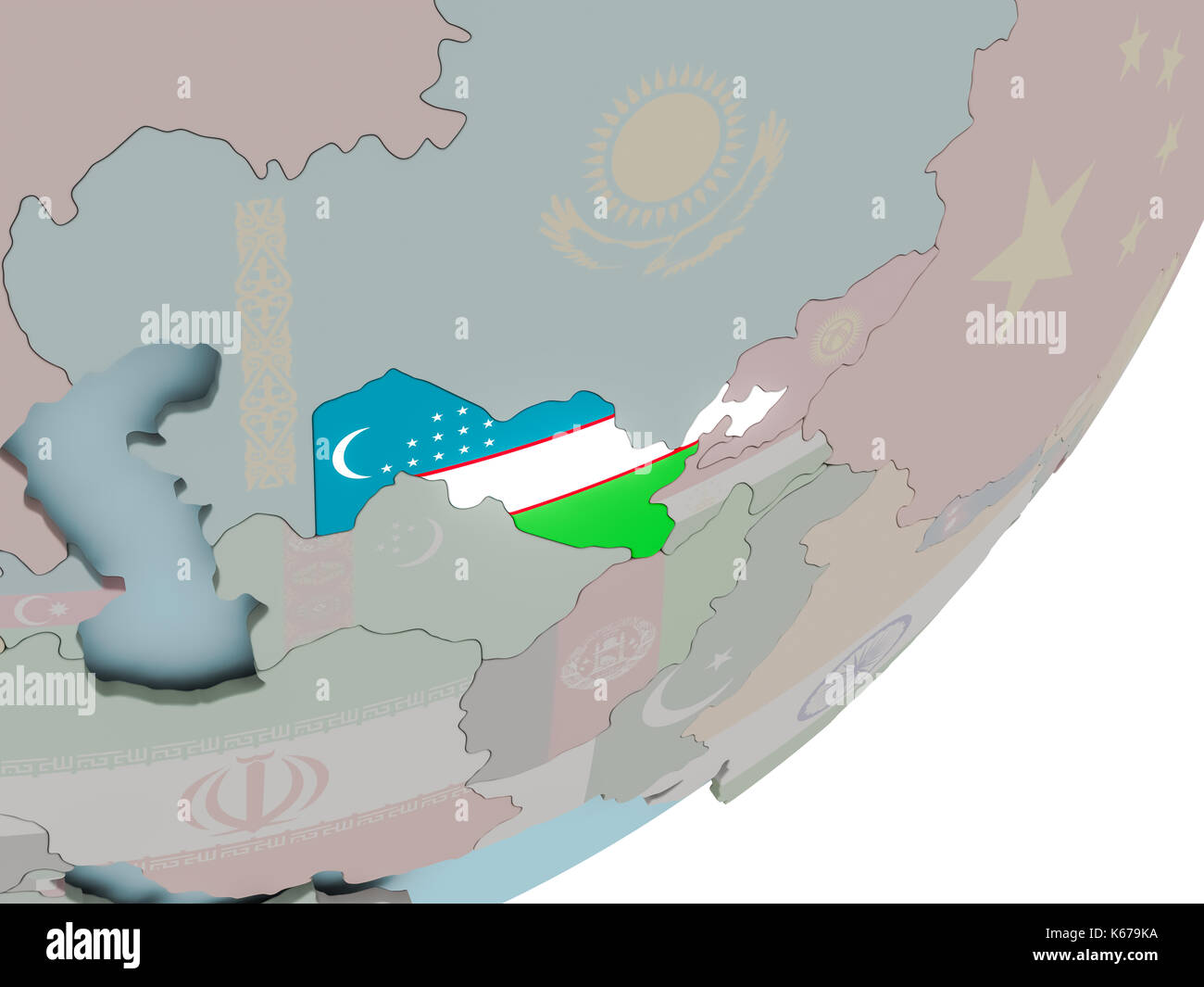 3D render of Uzbekistan on political globe with embedded flag. 3D ...