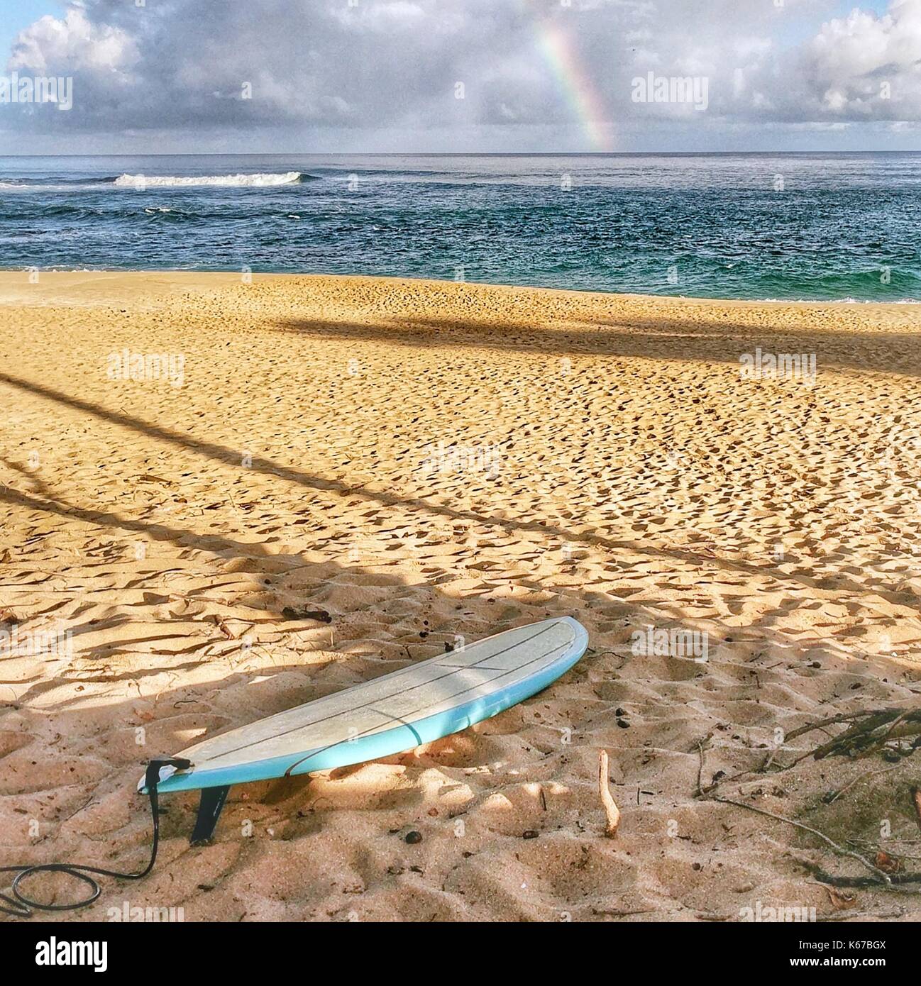 Surfboard on the beach, Hawaii, United States Stock Photo
