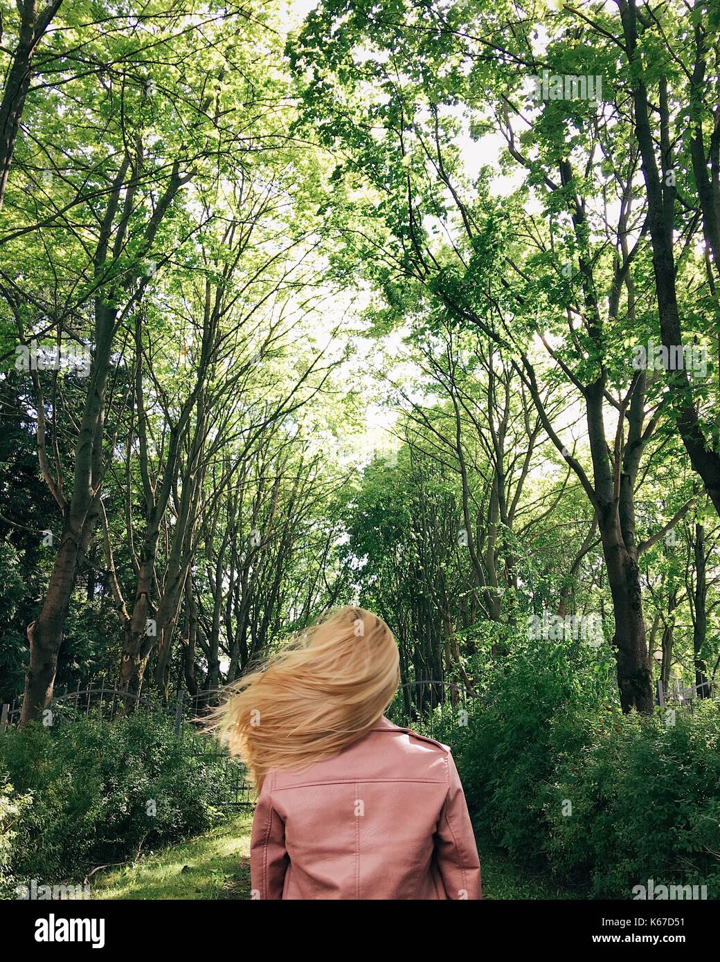Woman with windswept hair walking along forest footpath, Belarus Stock Photo