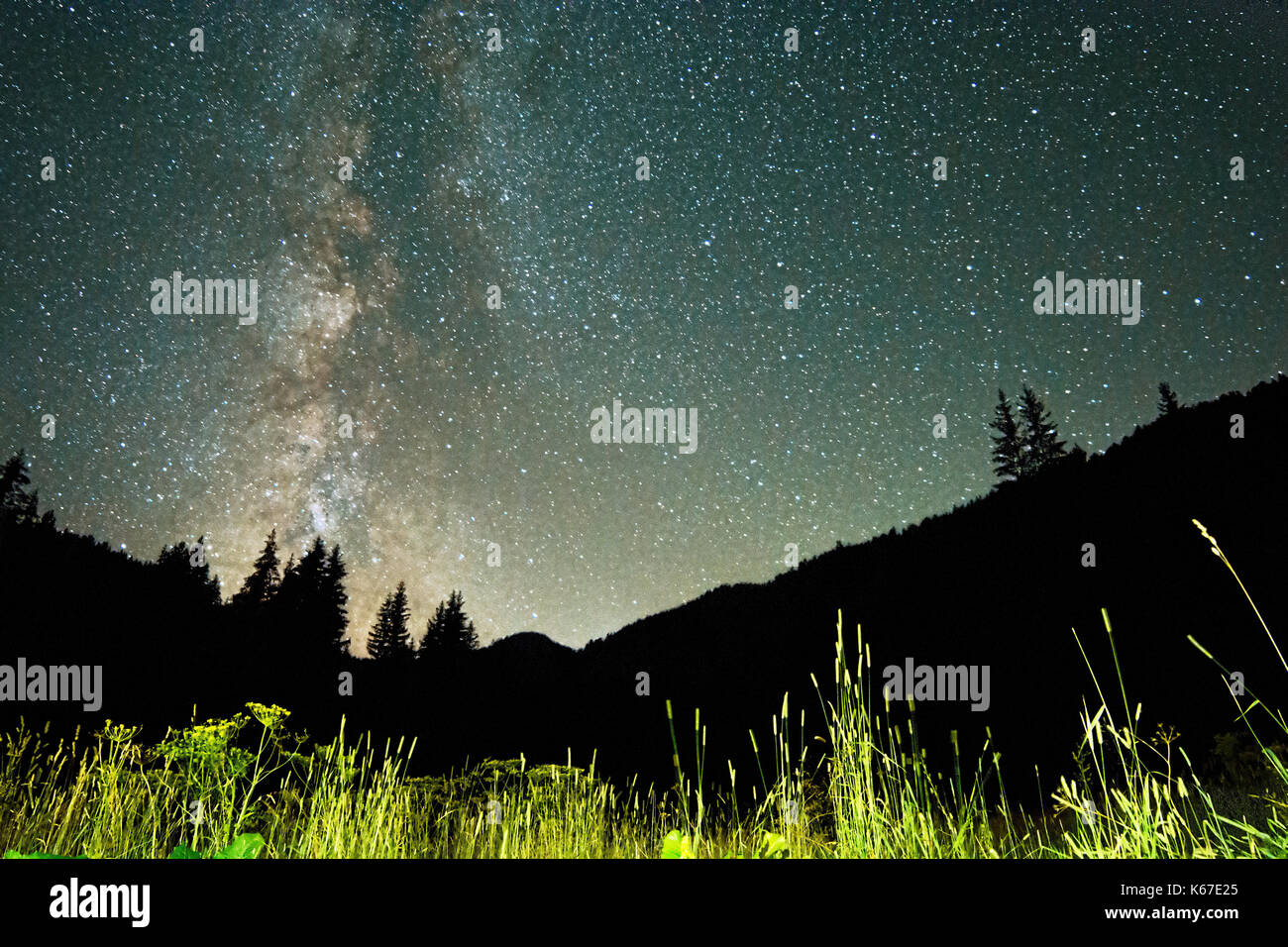 Starry sky in the Rila Moutains in Bulgaria Stock Photo