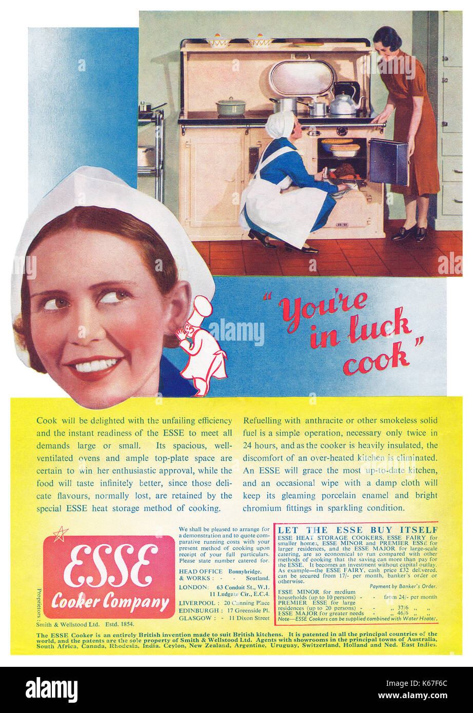 1939 British advertisement for the Esse Cooker Company. Stock Photo