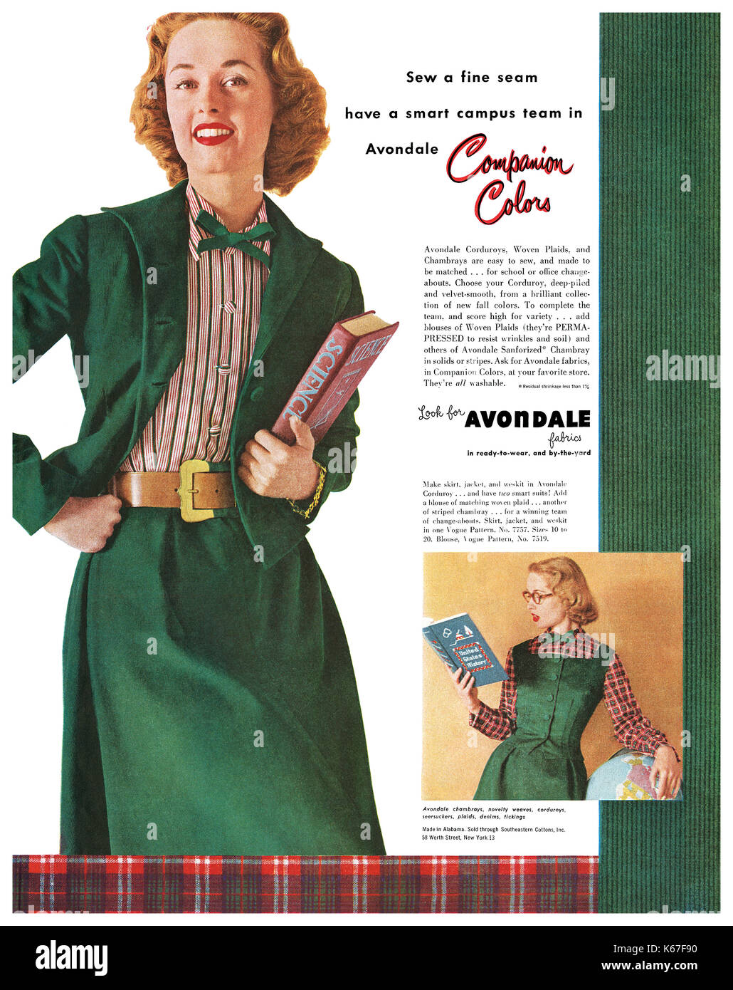 1952 U.S. advertisement for Avondale Fabrics. The model is a young Tippi Hedren. Stock Photo