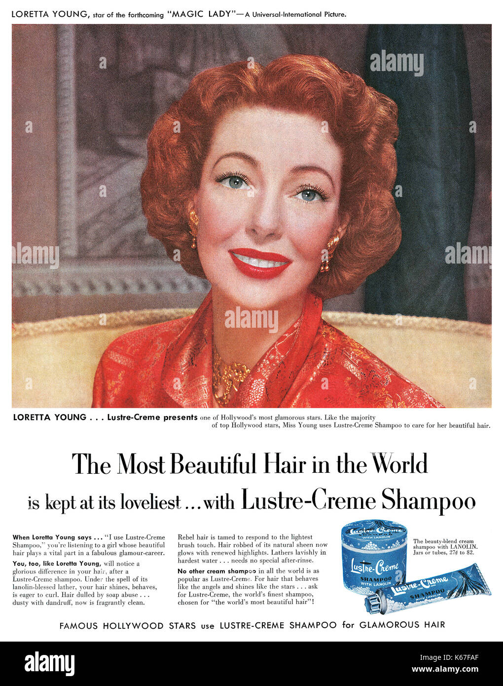 1952 U.S. advertisement for Lustre-Creme Shampoo, featuring Hollywood actress Loretta Young. Stock Photo