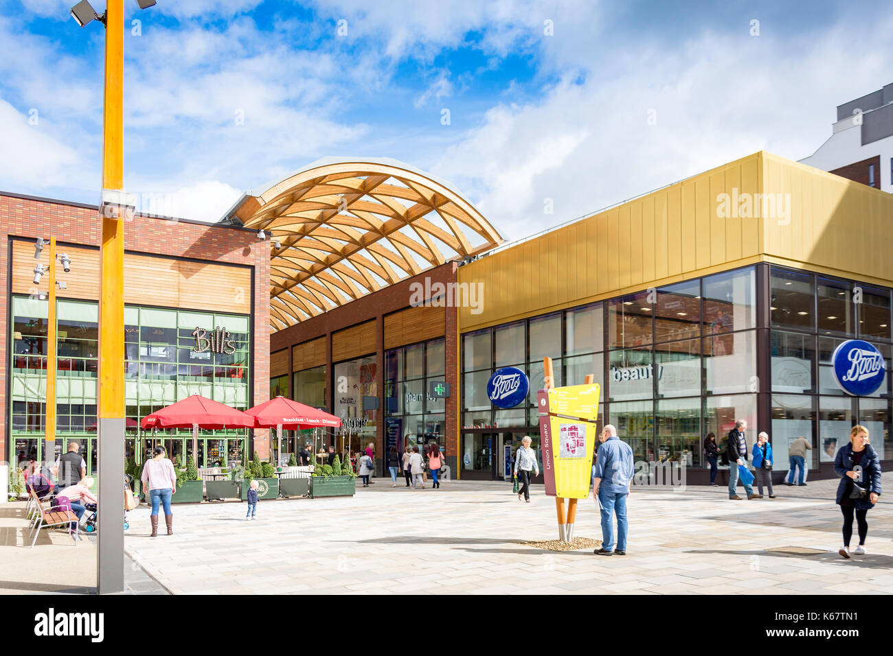 Braccan Walk shopping street from Union Square,The Lexicon, Bracknell, Berkshire, England, United Kingdom Stock Photo