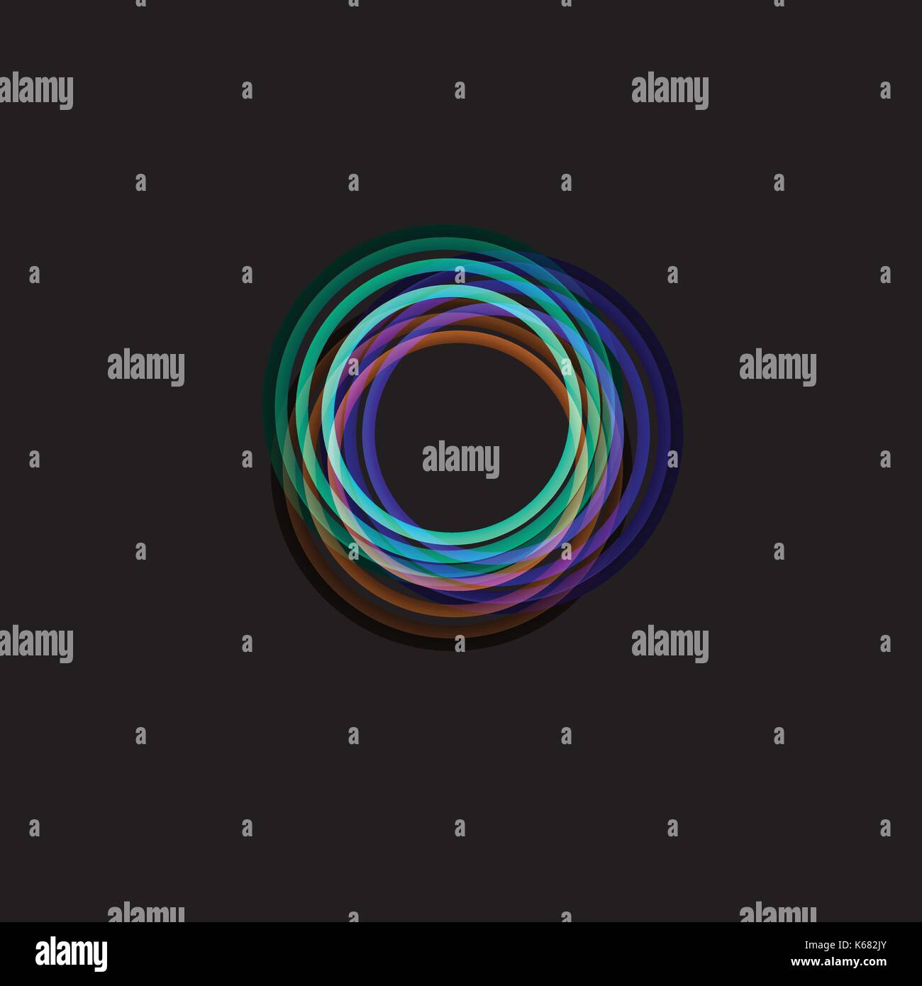 Isolated funnel abstract logo, linear unusual shape, circular line logotype. Luminous hoops, rings, wheel graphic illustration on the black background. Stock Vector