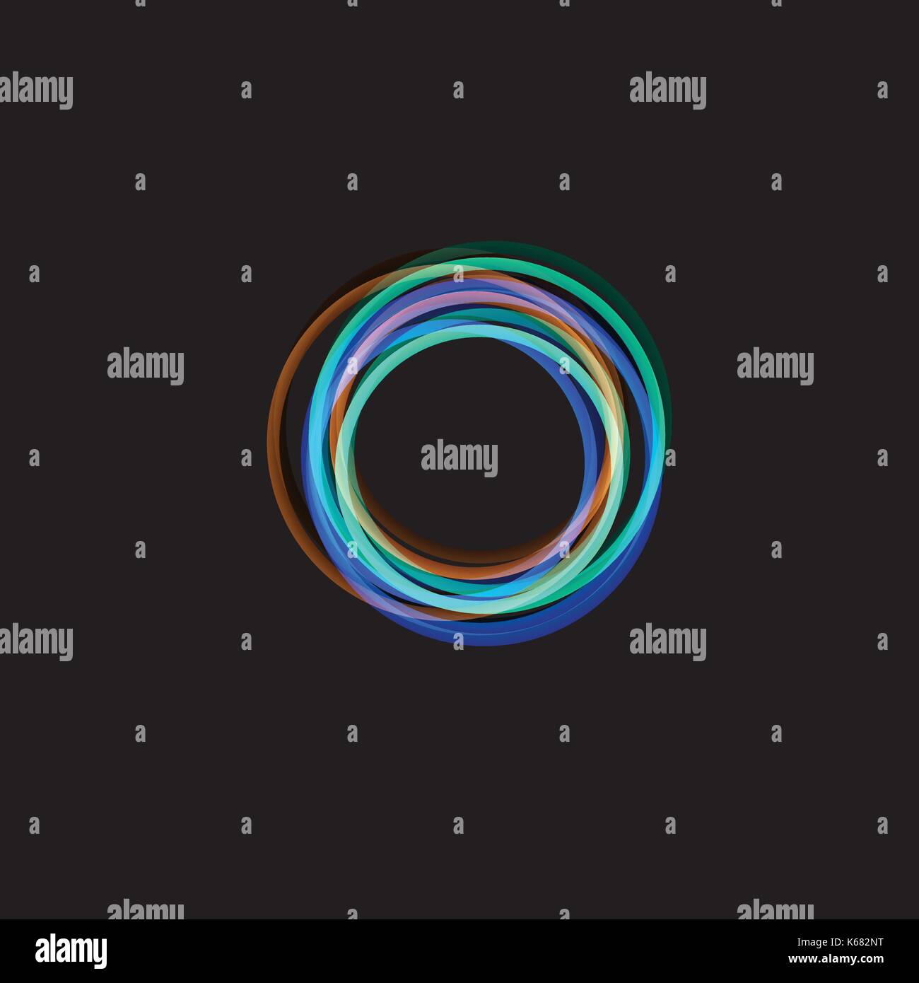 Isolated funnel abstract logo, linear unusual shape, circular line logotype. Luminous hoops, rings, wheel graphic illustration on the black background. Stock Vector