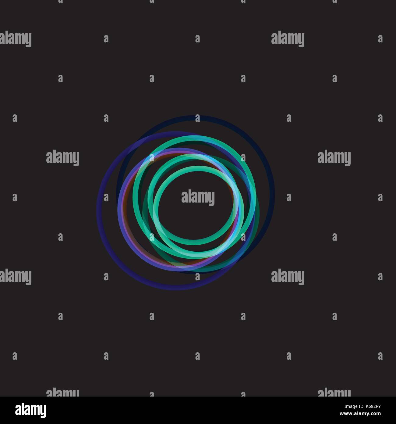 Isolated funnel abstract logo, linear unusual shape, circular line logotype. Luminous hoops, rings, wheel graphic illustration on the black background. Stock Vector