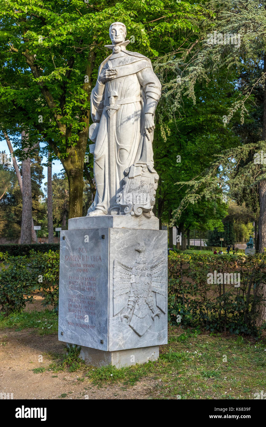 Inca Garcilaso de la Vega monument at Pincio Hill Park, Rome, Lazio, Italy, Europe. Stock Photo